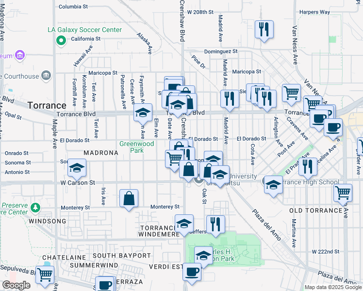 map of restaurants, bars, coffee shops, grocery stores, and more near 1455 Crenshaw Boulevard in Torrance