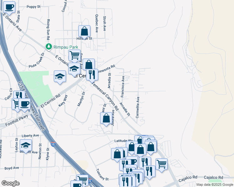 map of restaurants, bars, coffee shops, grocery stores, and more near 8035 Santa Rita Street in Corona