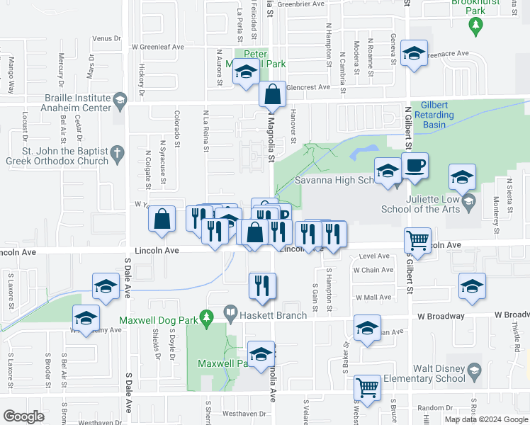 map of restaurants, bars, coffee shops, grocery stores, and more near 179 North Magnolia Avenue in Anaheim