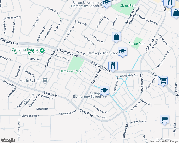 map of restaurants, bars, coffee shops, grocery stores, and more near 1260 Emeraldport Street in Corona
