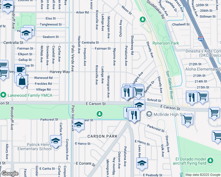 map of restaurants, bars, coffee shops, grocery stores, and more near 4154 Monogram Avenue in Lakewood