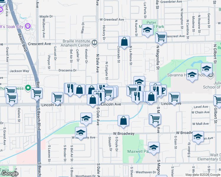 map of restaurants, bars, coffee shops, grocery stores, and more near 2750 West Yale Avenue in Anaheim