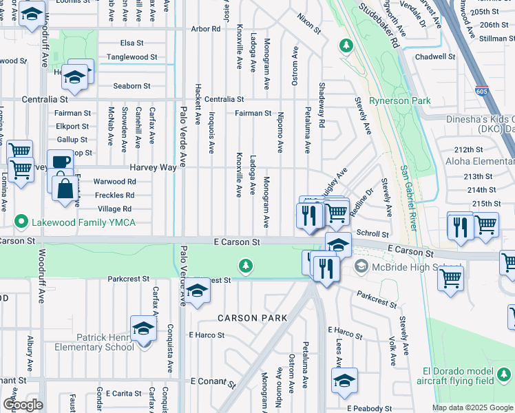 map of restaurants, bars, coffee shops, grocery stores, and more near 4154 Monogram Avenue in Lakewood