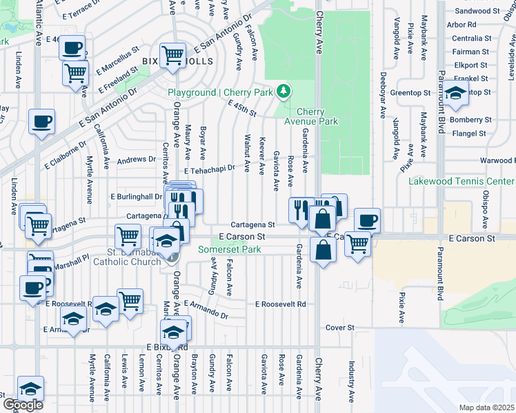 map of restaurants, bars, coffee shops, grocery stores, and more near 4149 Keever Avenue in Long Beach