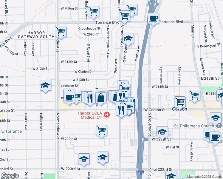 map of restaurants, bars, coffee shops, grocery stores, and more near 932 West 214th Street in Torrance