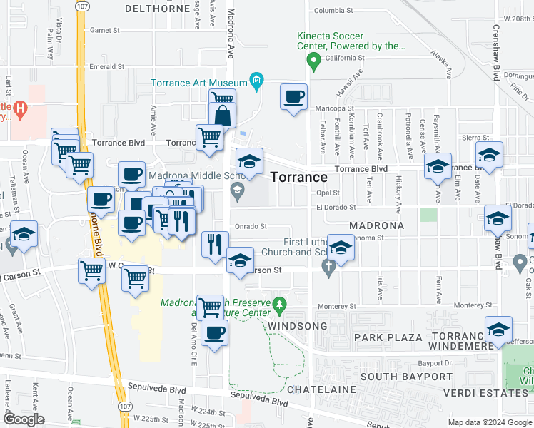 map of restaurants, bars, coffee shops, grocery stores, and more near 3222 El Dorado Street in Torrance