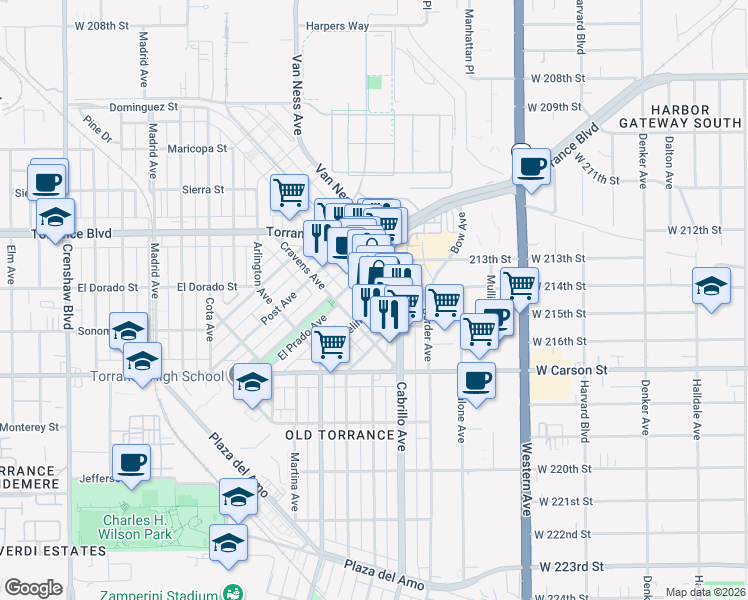 map of restaurants, bars, coffee shops, grocery stores, and more near 1417 Marcelina Avenue in Torrance