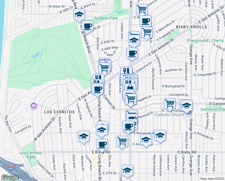 map of restaurants, bars, coffee shops, grocery stores, and more near 4152 Elm Avenue in Long Beach