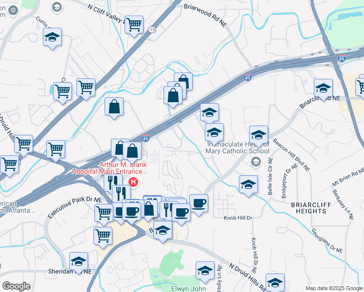 map of restaurants, bars, coffee shops, grocery stores, and more near 1597 Northeast Expressway Northeast in Atlanta