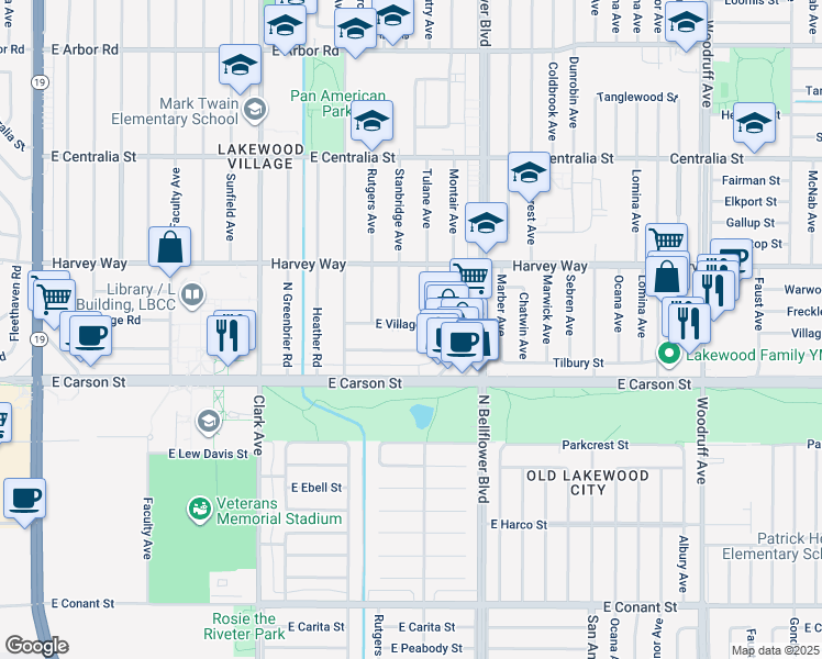 map of restaurants, bars, coffee shops, grocery stores, and more near 5342 East Village Road in Long Beach