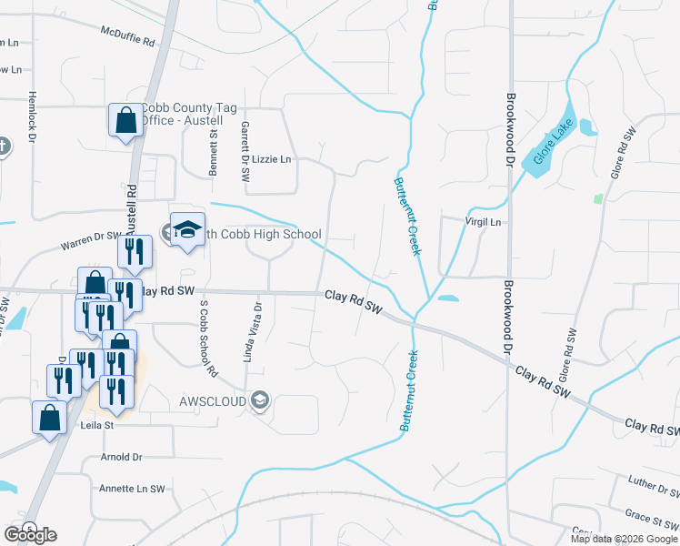 map of restaurants, bars, coffee shops, grocery stores, and more near 1628 Seayes Road Southwest in Mableton