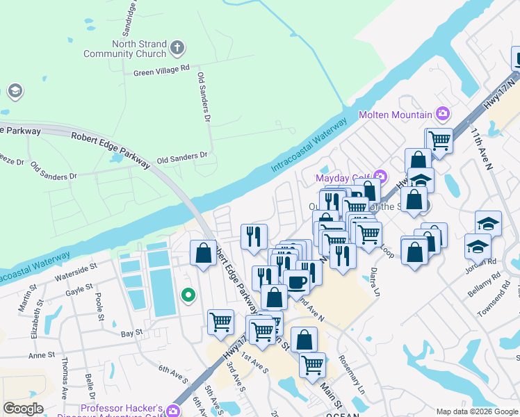 map of restaurants, bars, coffee shops, grocery stores, and more near 215 Landing Road in North Myrtle Beach