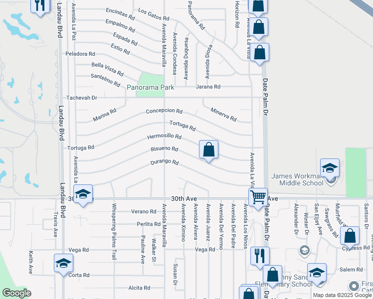 map of restaurants, bars, coffee shops, grocery stores, and more near 68600 Risueno Road in Cathedral City
