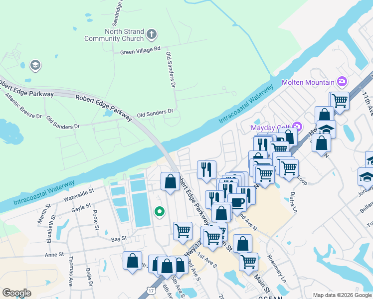 map of restaurants, bars, coffee shops, grocery stores, and more near 405 Riptide Circle in North Myrtle Beach