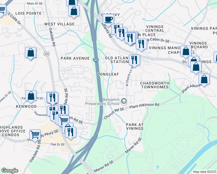 map of restaurants, bars, coffee shops, grocery stores, and more near 2502 Longcourt Circle in Smyrna
