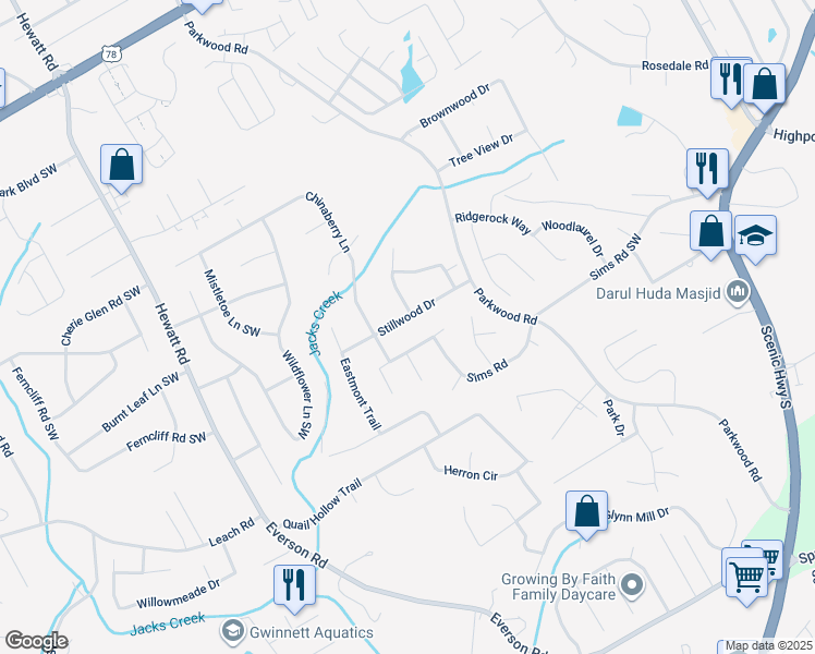 map of restaurants, bars, coffee shops, grocery stores, and more near 3560 Stillwood Dr in Snellville