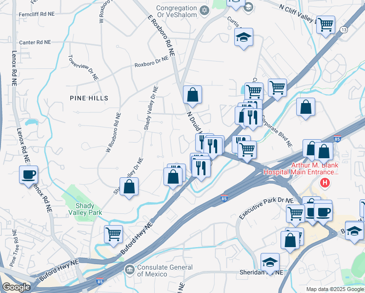 map of restaurants, bars, coffee shops, grocery stores, and more near 1943 Saxon Valley Circle Northeast in Atlanta
