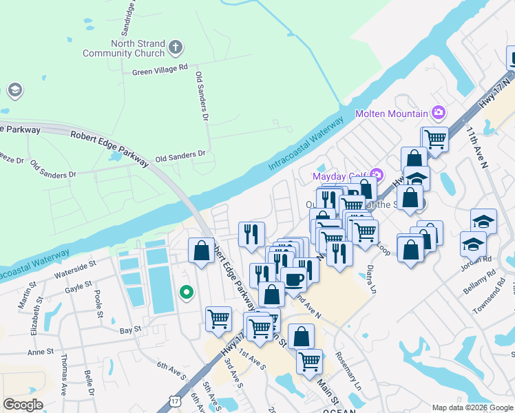 map of restaurants, bars, coffee shops, grocery stores, and more near 209 Landing Road in North Myrtle Beach
