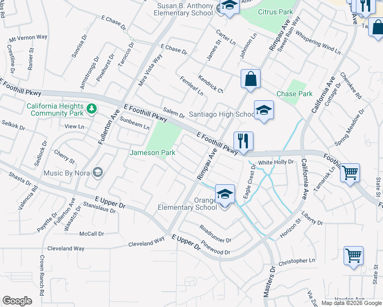 map of restaurants, bars, coffee shops, grocery stores, and more near 1260 Emeraldport Street in Corona
