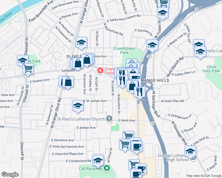 map of restaurants, bars, coffee shops, grocery stores, and more near 2710 North Canal Street in Orange