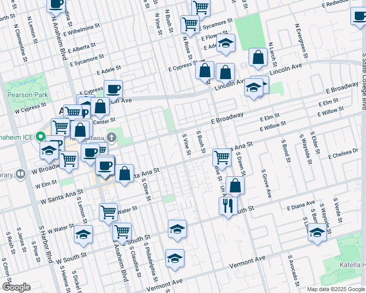 map of restaurants, bars, coffee shops, grocery stores, and more near 400 South Vine Street in Anaheim