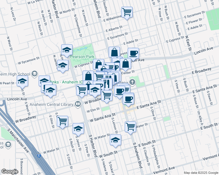 map of restaurants, bars, coffee shops, grocery stores, and more near 201 South Anaheim Boulevard in Anaheim