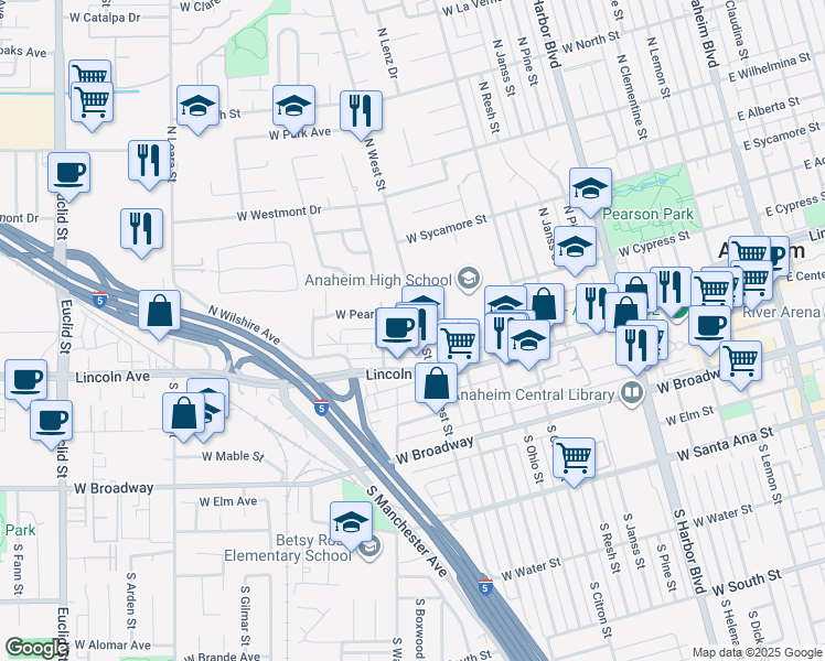 map of restaurants, bars, coffee shops, grocery stores, and more near 208 North Carleton Avenue in Anaheim