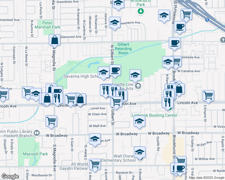 map of restaurants, bars, coffee shops, grocery stores, and more near 200 North Gilbert Street in Anaheim
