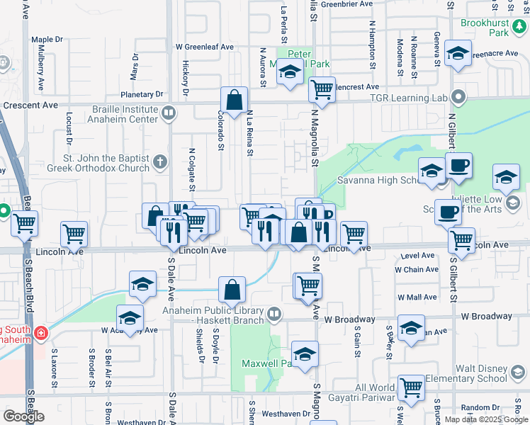 map of restaurants, bars, coffee shops, grocery stores, and more near 2668 West Yale Avenue in Anaheim