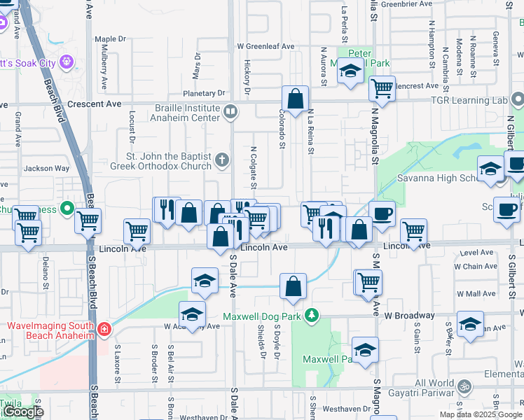 map of restaurants, bars, coffee shops, grocery stores, and more near 2750 West Yale Avenue in Anaheim