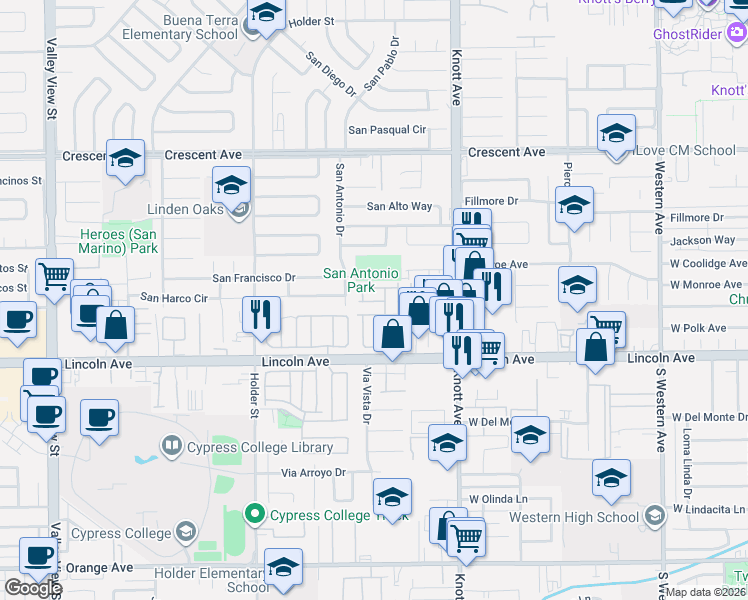map of restaurants, bars, coffee shops, grocery stores, and more near 6741 Lincoln Avenue in Buena Park