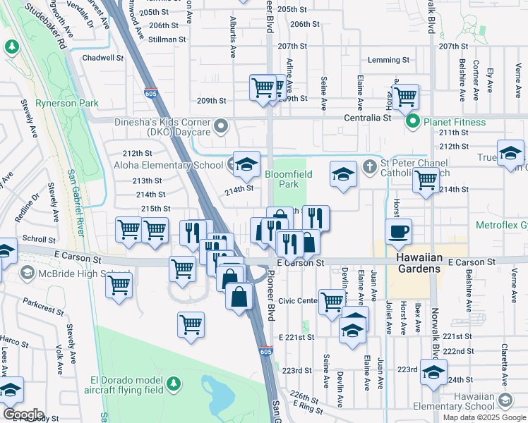map of restaurants, bars, coffee shops, grocery stores, and more near 11732 215th Street in Lakewood