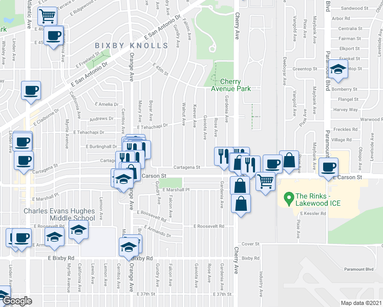 map of restaurants, bars, coffee shops, grocery stores, and more near 4149 Keever Avenue in Long Beach