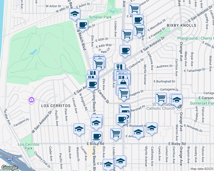 map of restaurants, bars, coffee shops, grocery stores, and more near 4151 Elm Avenue in Long Beach