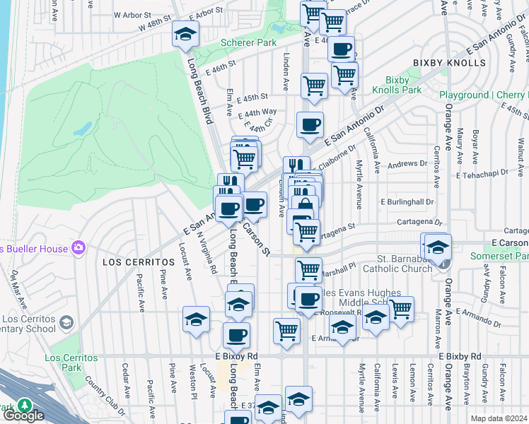 map of restaurants, bars, coffee shops, grocery stores, and more near 4152 Elm Avenue in Long Beach