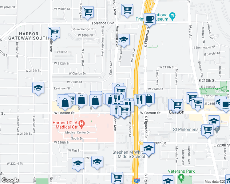 map of restaurants, bars, coffee shops, grocery stores, and more near in West Carson