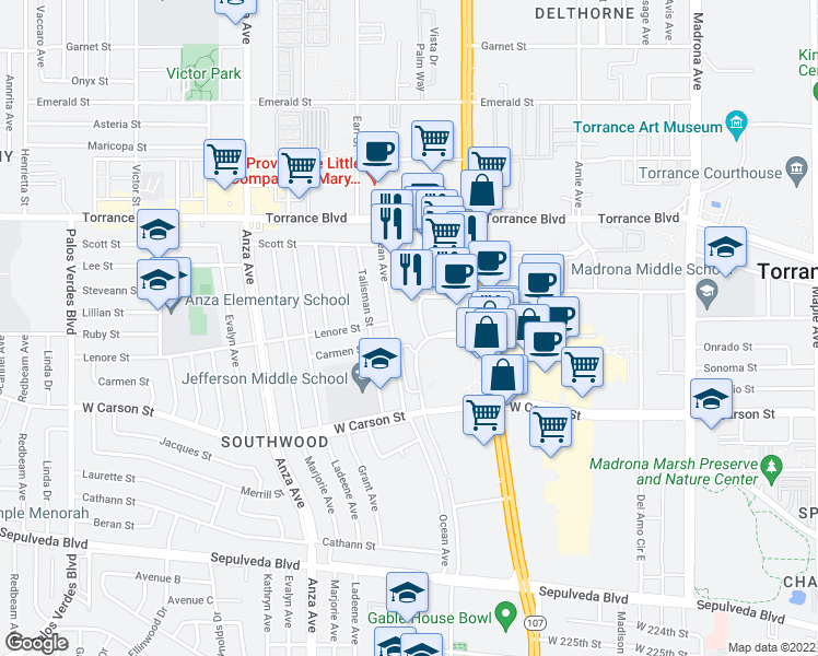 map of restaurants, bars, coffee shops, grocery stores, and more near 21345 Hawthorne Boulevard in Torrance