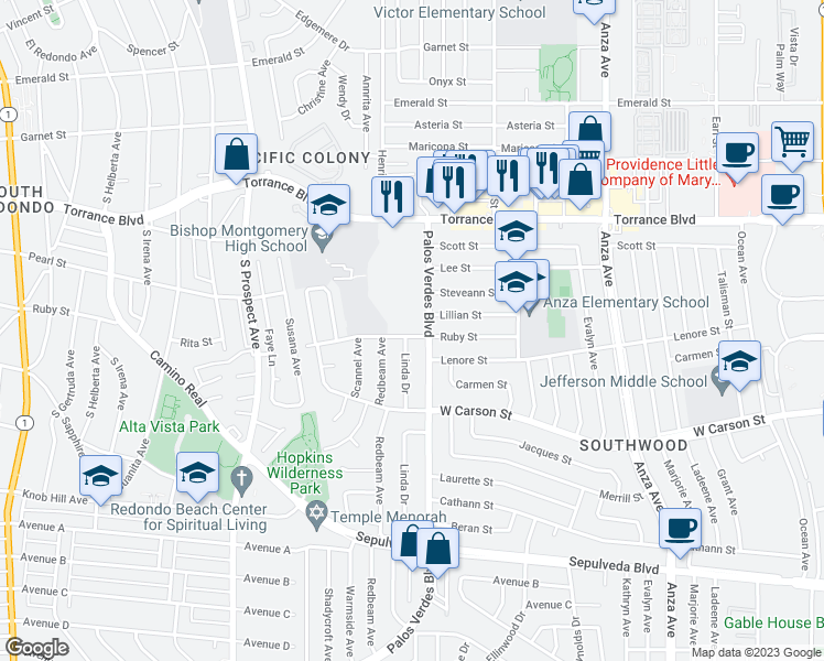 map of restaurants, bars, coffee shops, grocery stores, and more near 21417 Palos Verdes Boulevard in Torrance