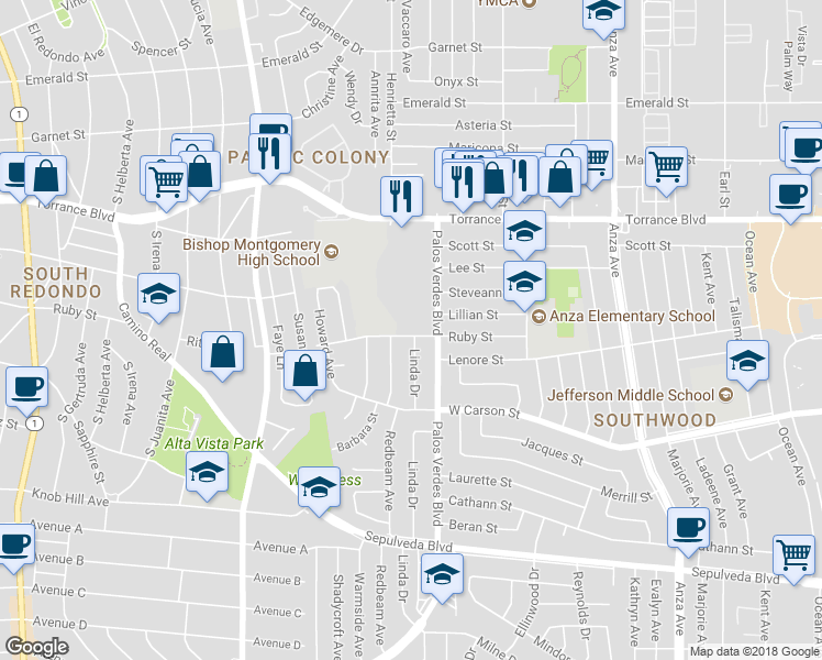 map of restaurants, bars, coffee shops, grocery stores, and more near 5401 Ruby Street in Torrance