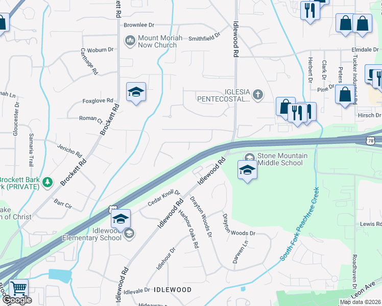 map of restaurants, bars, coffee shops, grocery stores, and more near 1756 Cord Court in Tucker