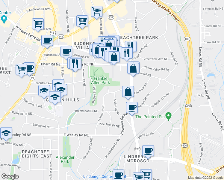 map of restaurants, bars, coffee shops, grocery stores, and more near 2896 North Hills Drive Northeast in Atlanta