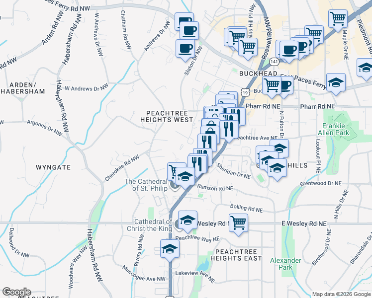 map of restaurants, bars, coffee shops, grocery stores, and more near 2870 Pharr Court South Northwest in Atlanta