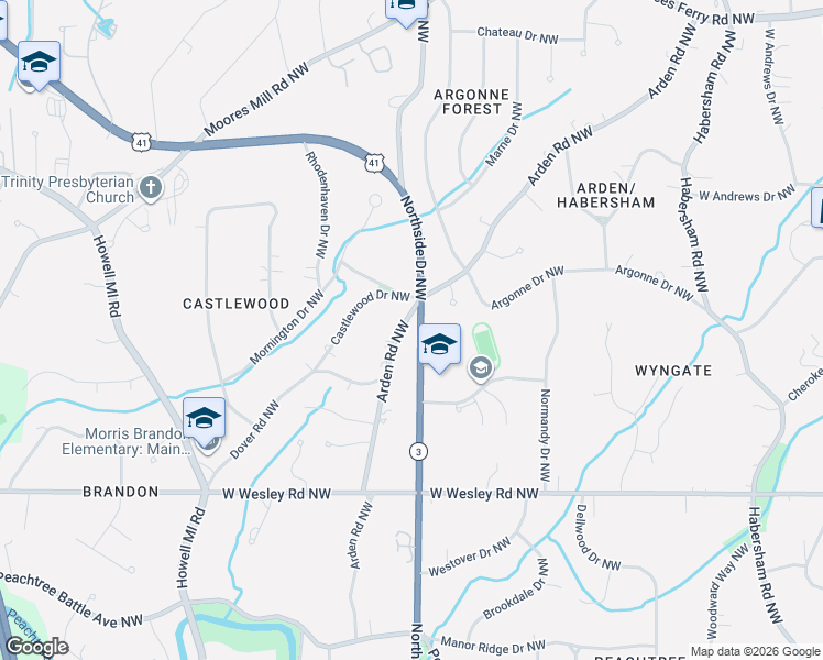 map of restaurants, bars, coffee shops, grocery stores, and more near 2895 Arden Road Northwest in Atlanta