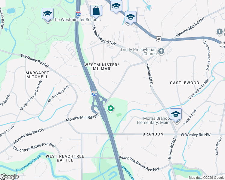 map of restaurants, bars, coffee shops, grocery stores, and more near 1127 Moores Mill Road Northwest in Atlanta