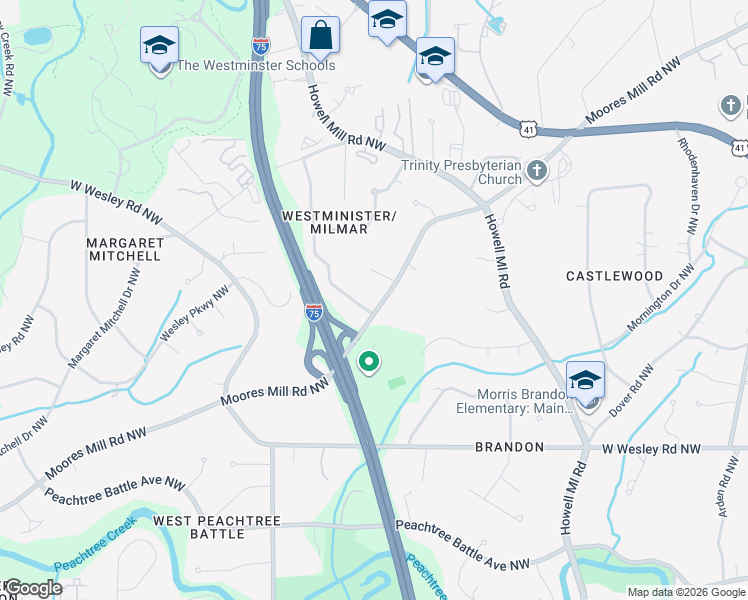 map of restaurants, bars, coffee shops, grocery stores, and more near 1127 Moores Mill Road Northwest in Atlanta
