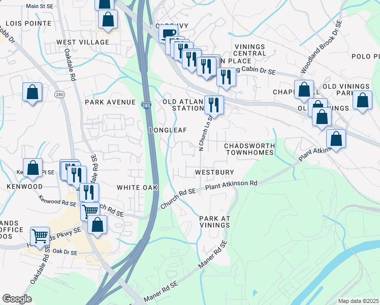 map of restaurants, bars, coffee shops, grocery stores, and more near 2556 Longcourt Circle in Smyrna