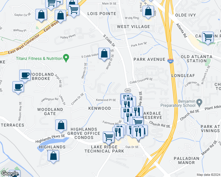 map of restaurants, bars, coffee shops, grocery stores, and more near 114 Calibre Lake Parkway Southeast in Smyrna