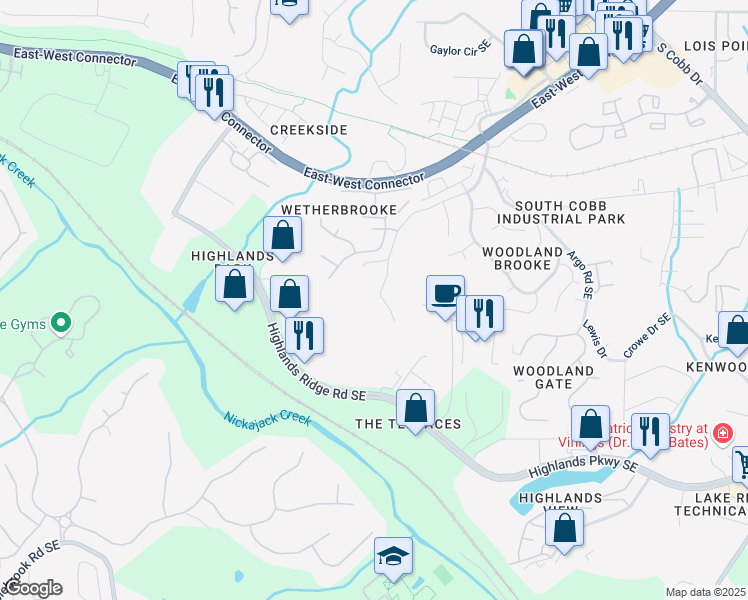 map of restaurants, bars, coffee shops, grocery stores, and more near 4901 Prince Road in Smyrna