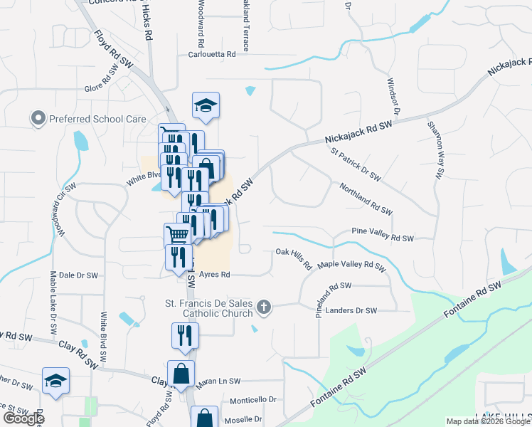 map of restaurants, bars, coffee shops, grocery stores, and more near 4949 Saint Johns Court in Mableton