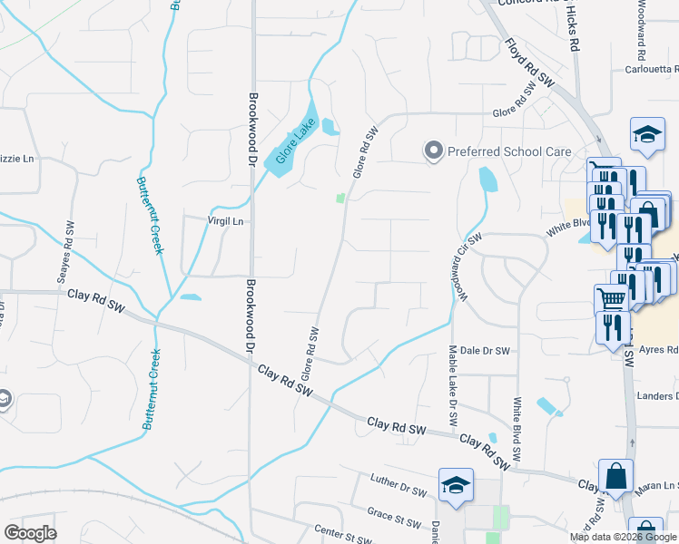 map of restaurants, bars, coffee shops, grocery stores, and more near 4901 Glore Road Southwest in Mableton